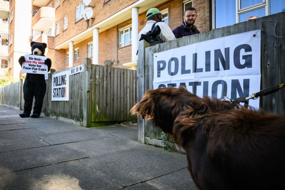 LONDON, ENGLAND – JULY 04: A dog looks towards a protestor in a bear suit as he stands outside a polling station on July 04, 2024 in London, England. Voters in 650 constituencies across the UK are electing members of Parliament to the House of Commons via the first-past-the-post system. Rishi Sunak announced the election on May 22, 2024. The last general election that took place in July was in 1945, following the Second World War, which resulted in a landslide victory for Clement Attlee’s Labour Party. (Photo by Leon Neal/Getty Images)