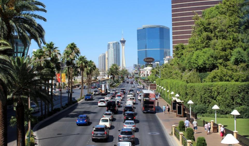 Although not shown here in this Las Vegas street scene, many taxi cabs this week carried Booking.com advertisements geared toward recruiting new short-term rental hosts. Abi Skipp / Flickr Commons