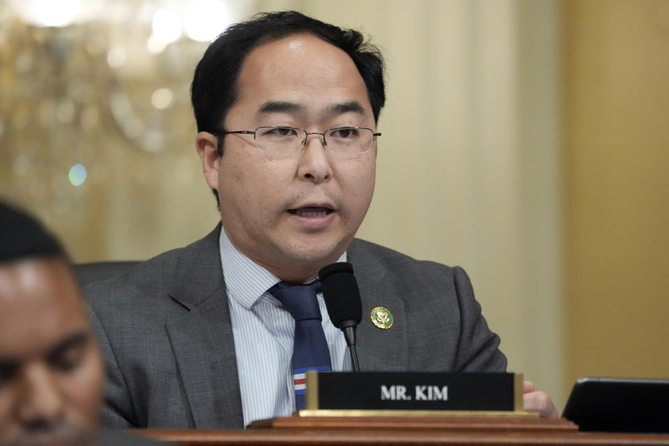 FILE - Rep. Andy Kim, D-N.J., questions witnesses during a hearing of a special House committee dedicated to countering China, Feb. 28, 2023, on Capitol Hill in Washington. As Democratic Party leaders have called on Bob Menendez to resign amid a federal corruption case against him, a field of robust primary challengers has already emerged including Kim and has begun to win significant support from county party officials. (AP Photo/Alex Brandon, File)