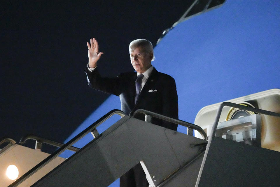President Joe Biden waves before boarding Air Force One upon departure, Friday, Nov. 11, 2022, at Sharm el-Sheikh, Egypt. Biden is headed to the Association of Southeast Asian Nations (ASEAN) summit in Phnom Penh, Cambodia. (AP Photo/Alex Brandon)