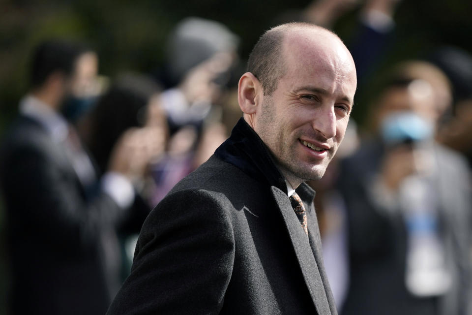 FILE - In this Oct. 30, 2020 file photo, President Donald Trump's White House Senior Adviser Stephen Miller follows President Donald Trump on the South Lawn of the White House in Washington. Alabama U.S. Rep. Mo Brooks, teasing the announcement of a possible run for U.S. Senate, has scheduled a campaign rally on Monday, March 22, 2021, where he will be joined by Miller. (AP Photo/Patrick Semansky, File)