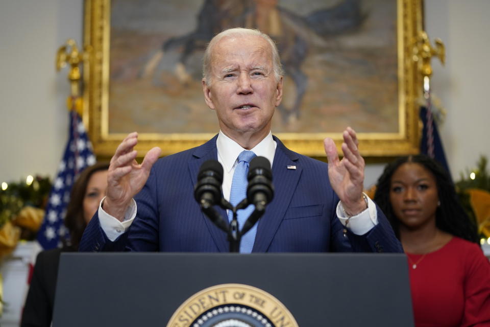 President Joe Biden speaks in the Roosevelt Room of the White House