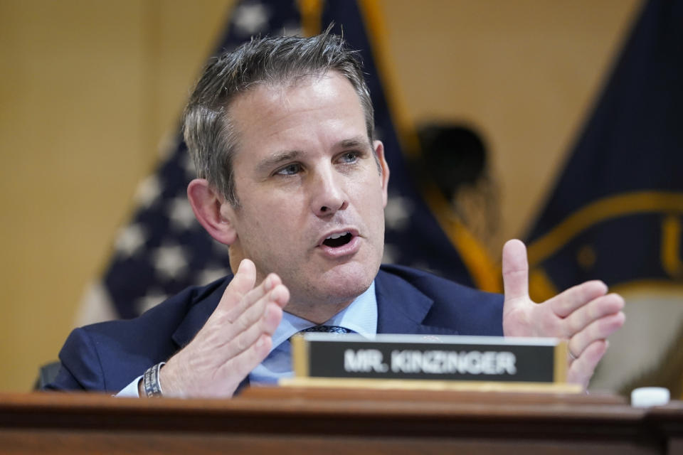 FILE - Rep. Adam Kinzinger, R-Ill., speaks as the House select committee investigating the Jan. 6 attack on the U.S. Capitol continues to reveal its findings of a year-long investigation, at the Capitol in Washington, June 23, 2022. (AP Photo/Jacquelyn Martin, File)