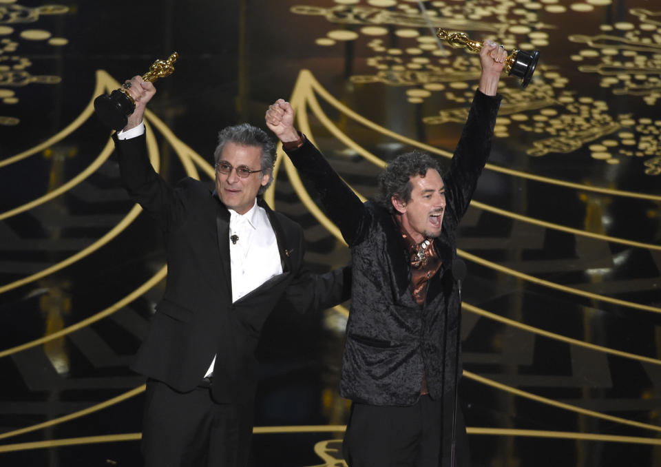 Mark Mangini and David White accept the Best Sound Editing Oscar for "Mad Max: Fury Road" in&nbsp;February 2016. (Photo: Chris Pizzello/Invision/AP)