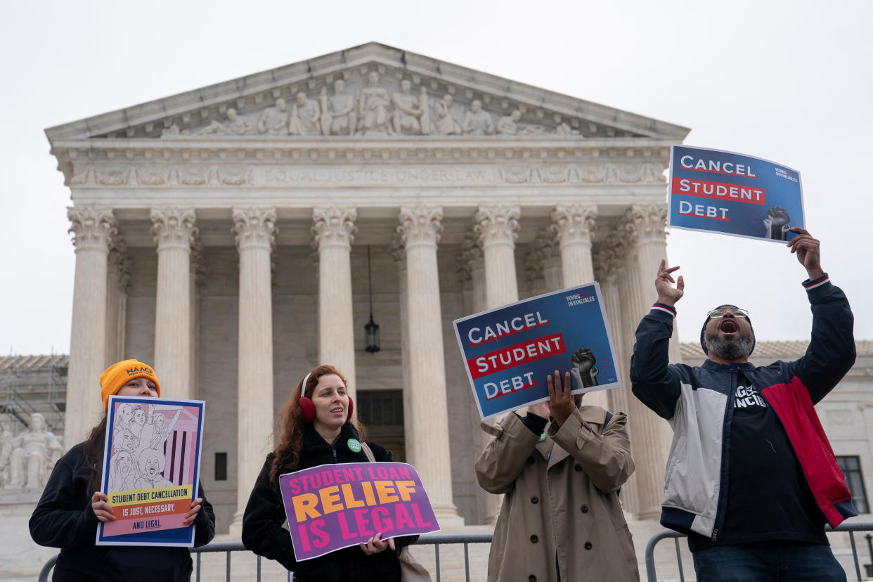 Supporters of student loan debt relief rally in front of the Supreme Court as the justices are scheduled to hear oral arguments in two cases involving President Joe Biden's bid to reinstate his plan to cancel billions of dollars in student debt in Washington, U.S., February 28, 2023. REUTERS/Nathan Howard