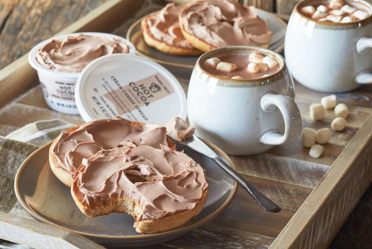 Spread showing bagels covered in Trader Joe's hot cocoa cream cheese