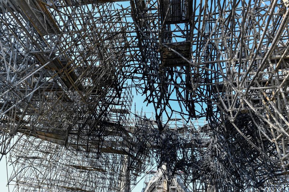 Parts of a destroyed scaffolding are pictured at the Notre Dame Cathedral, July 17, 2019 in Paris.(Photo: Stephane de Sakutin/Pool via AP)           