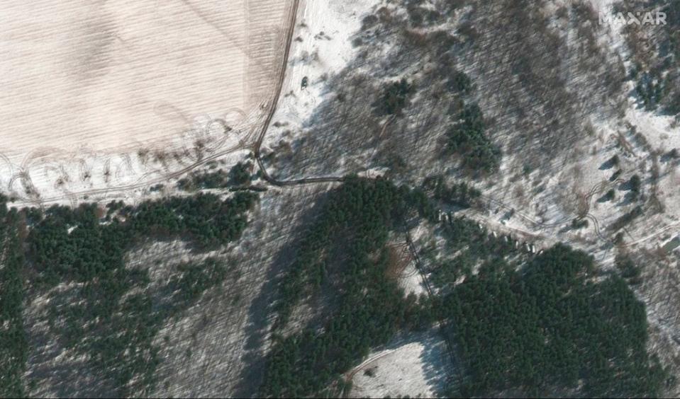 This satellite image provided by Maxar Technologies shows troops and equipment deployed in trees, in northwest of Antonov Airport in Lubyanka, Ukraine (AP)
