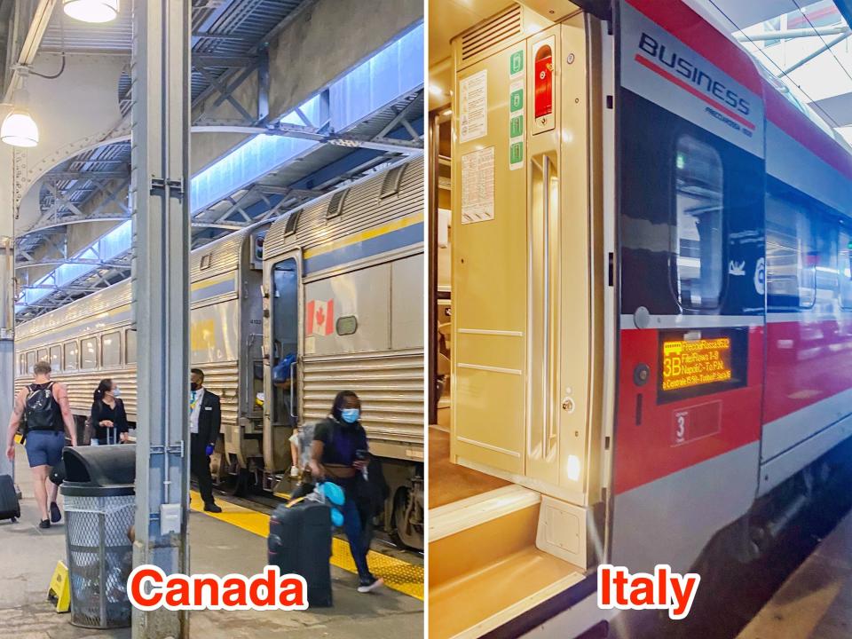 Business-class train cars in Canada (L) and Europe (R).