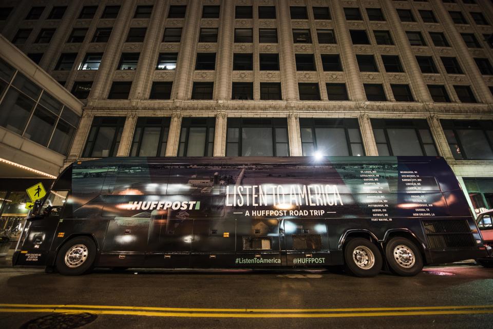 The HuffPost tour bus sits on North Plankinton Avenue in Milwaukee.