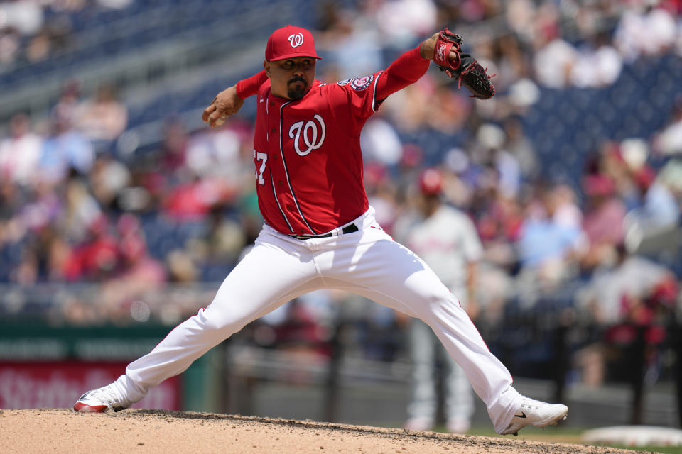 Washington Nationals relief pitcher Andres Machado throws to the Philadelphia Phillies in the sixth inning of a baseball game, Sunday, June 4, 2023, in Washington. (AP Photo/Patrick Semansky)