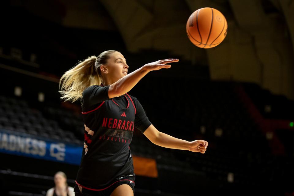 Former Duck Jaz Shelley practices with Nebraska ahead of the first round of the NCAA Women’s Basketball Tournament March 21 at Gill Coliseum in Corvallis.