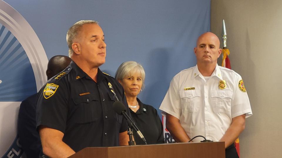 Then-Undersheriff Pat Ivey, left, answers questions about Sheriff Mike Williams' status at a June 1 hurricane season news conference.