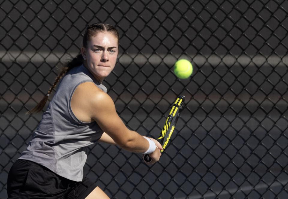 Perry’s Haylee Farson during the girls singles of the Division I sectionals, Saturday, Oct. 5, 2024, at Jackson Park.