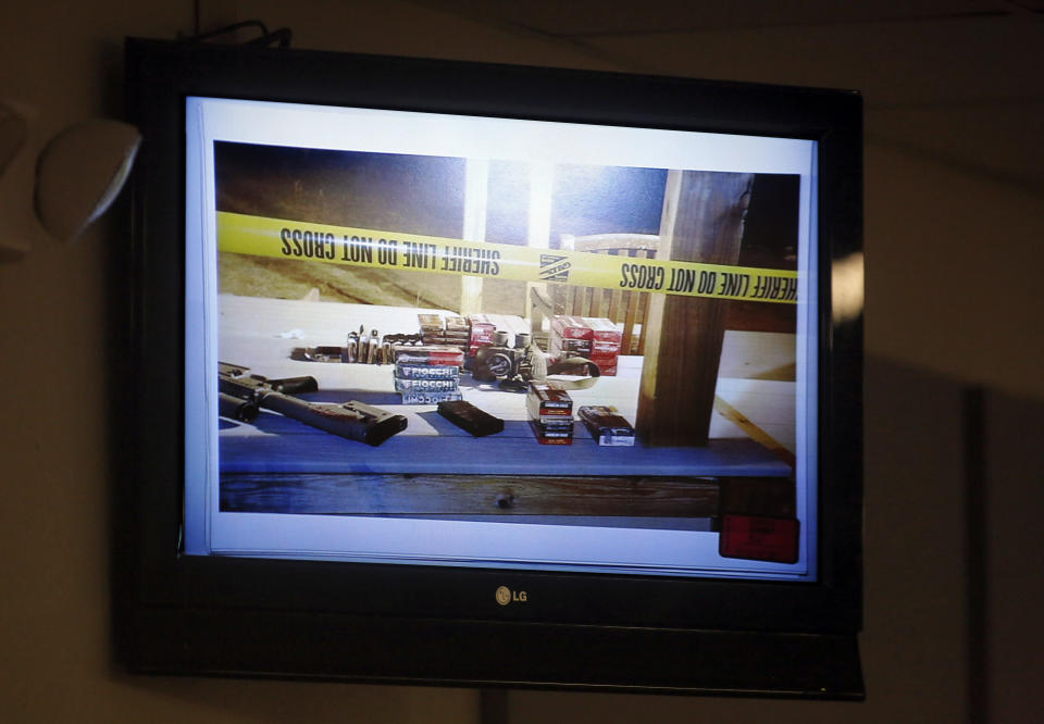 STEPHENVILLE, TX - FEBRUARY 11: Crime scene photos from the Rough Creek Lodge and Resort where the deaths occurred are shown on television monitors during the capital murder trial of former Marine Cpl. Eddie Ray Routh at the Erath County Donald R. Jones Justice Center February 11, 2015 in Stephenville, Texas. February 11, 2015 in Stephenville, Texas. Eddie Ray Routh, 27, of Lancaster, Texas is charged with the 2013 deaths of former Navy SEAL Chris Kyle and his friend Chad Littlefield at a shooting range near Glen Rose, Texas. (Photo by Tom Fox - Pool/Getty Images)