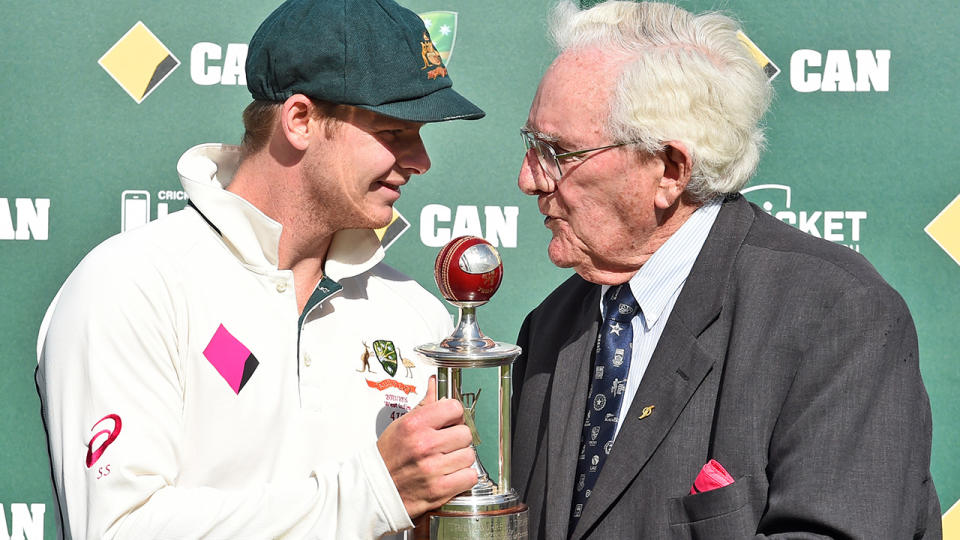 Alan Davidson was highly regarded for his ongoing passion for the game after his retirement, with part of the SCG named in his honour. (Photo credit should read WILLIAM WEST/AFP via Getty Images)