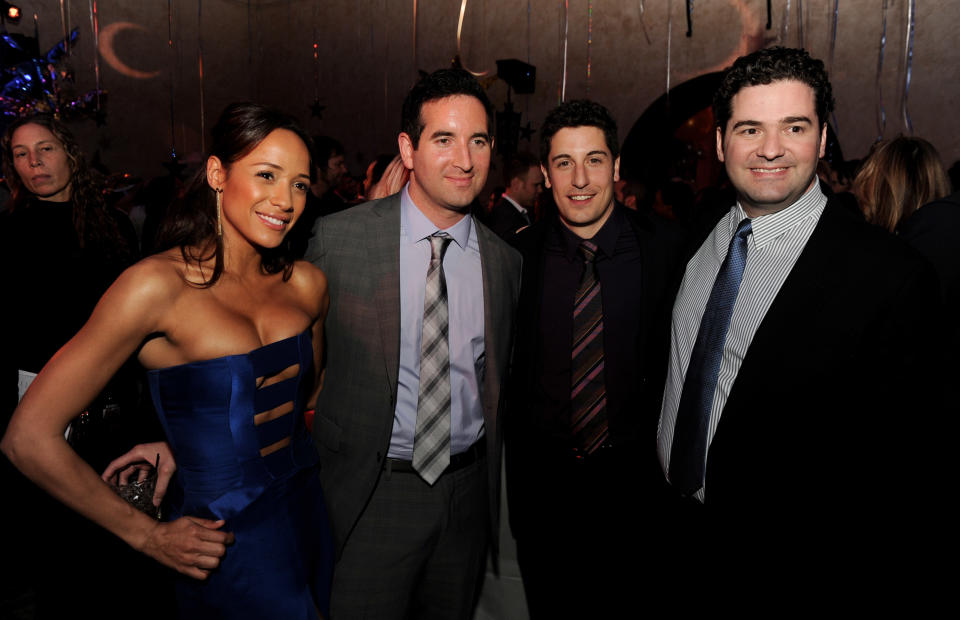 LOS ANGELES, CA - MARCH 19: (L-R) Actress Dania Ramirez, writer/director Hayden Schlossberg, actor/executive producer Jason Biggs and writer/director Jon Hurwitz pose at the after party for the premiere of Universal Pictures' "American Reunion" at the Roosevelt Hotel on March 19, 2012 in Los Angeles, California. (Photo by Kevin Winter/Getty Images)