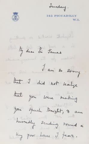 <p>RR Auction</p> The Queen Mother's letter to J.M. Barrie that RR Auction is currently selling.