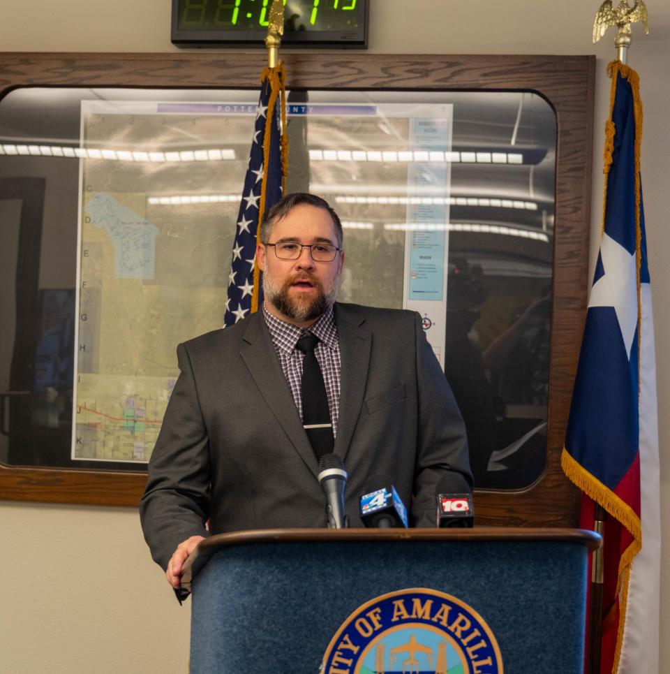 Max Dunlap, the director of the Amarillo Area Office of Emergency Management, gives an update on fires affecting Potter County and the area Wednesday in downtown Amarillo.