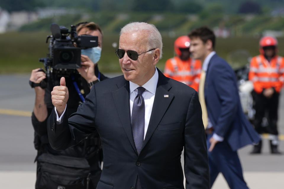 President Joe Biden boards Air Force One at Brussels Airport in Brussels, Tuesday, June 15, 2021. Biden is en route to Geneva. (AP Photo/Patrick Semansky)