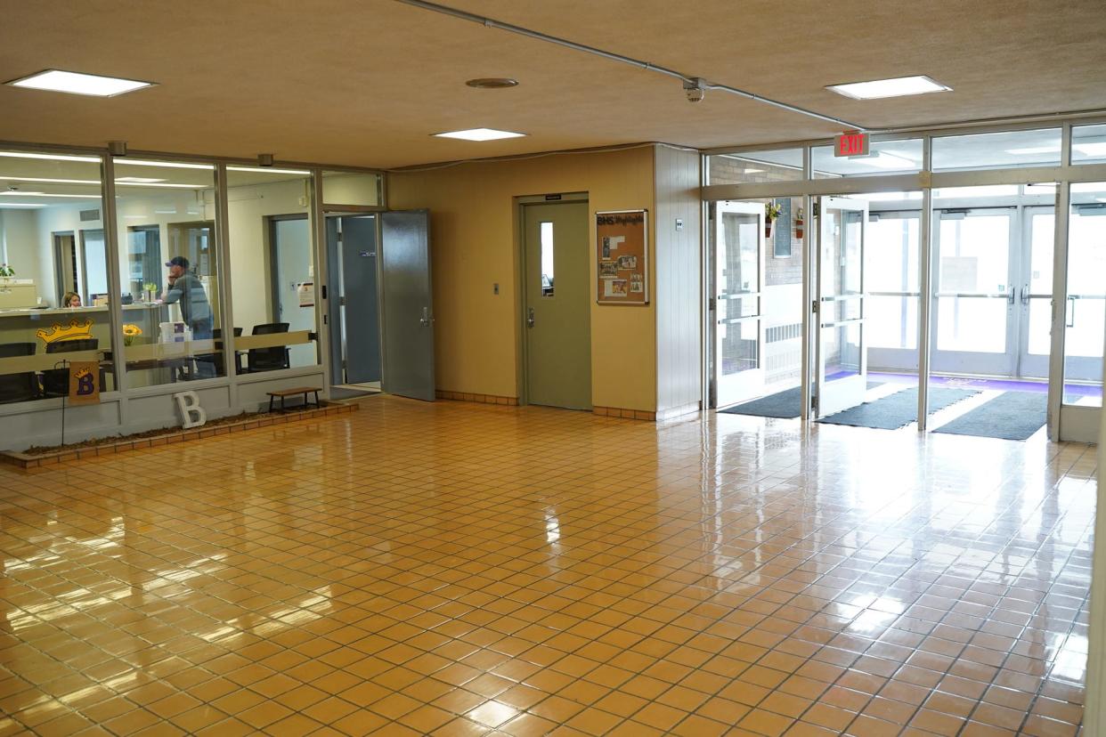 The north entrance to Blissfield High School is pictured. Under the May 2 bond proposal, entry areas of the district's schools would be be sectioned off from the remainder of the building with a secure entry vestibule.