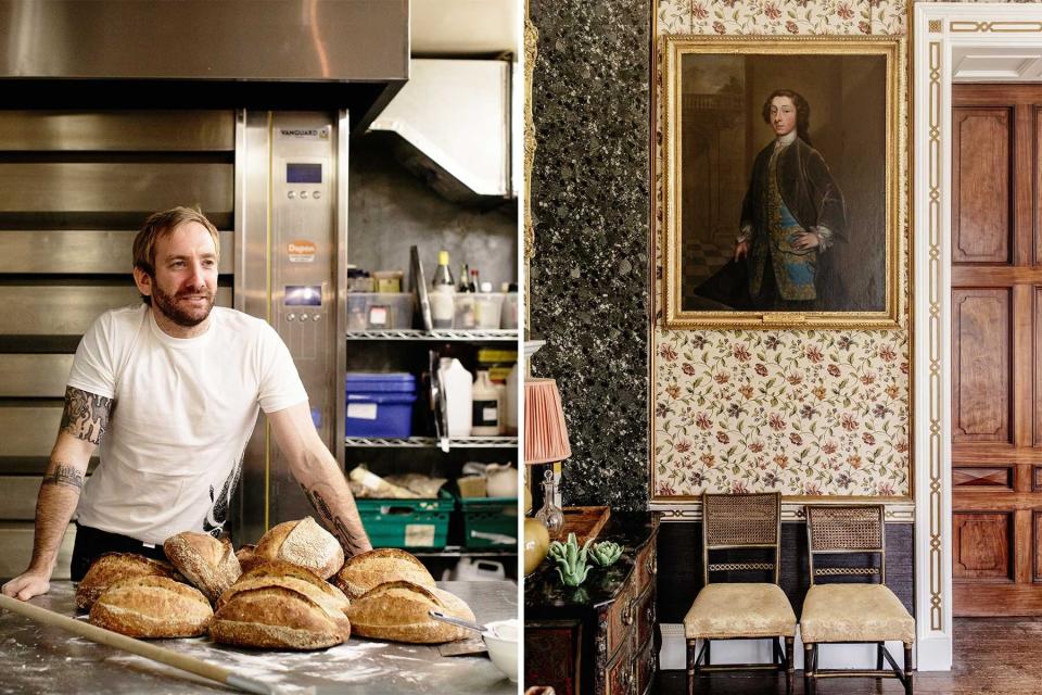 Two photos from Wicklow, Ireland, showing a baker in his kitchen, and a portrait on the wallpapered wall of a hotel