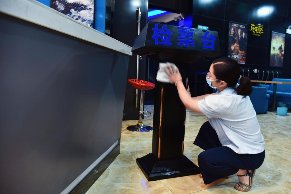 RUGAO, CHINA - JULY 19, 2020 - The staff of a cinema cleaned and disinfected the public facilities to welcome the resumption of business. Rugao City, Jiangsu Province, China, July 19, 2020.- PHOTOGRAPH BY Costfoto / Barcroft Studios / Future Publishing (Photo credit should read Costfoto/Barcroft Media via Getty Images)