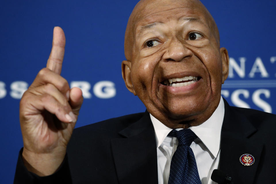 Rep. Elijah Cummings, D-Md., speaks during a luncheon at the National Press Club in Washington, Wednesday, Aug. 7, 2019. Cummings says government officials must stop making “hateful, incendiary comments’’ that only to serve to divide and distract the nation from its real problems, including mass shootings and white supremacy. (AP Photo/Patrick Semansky)