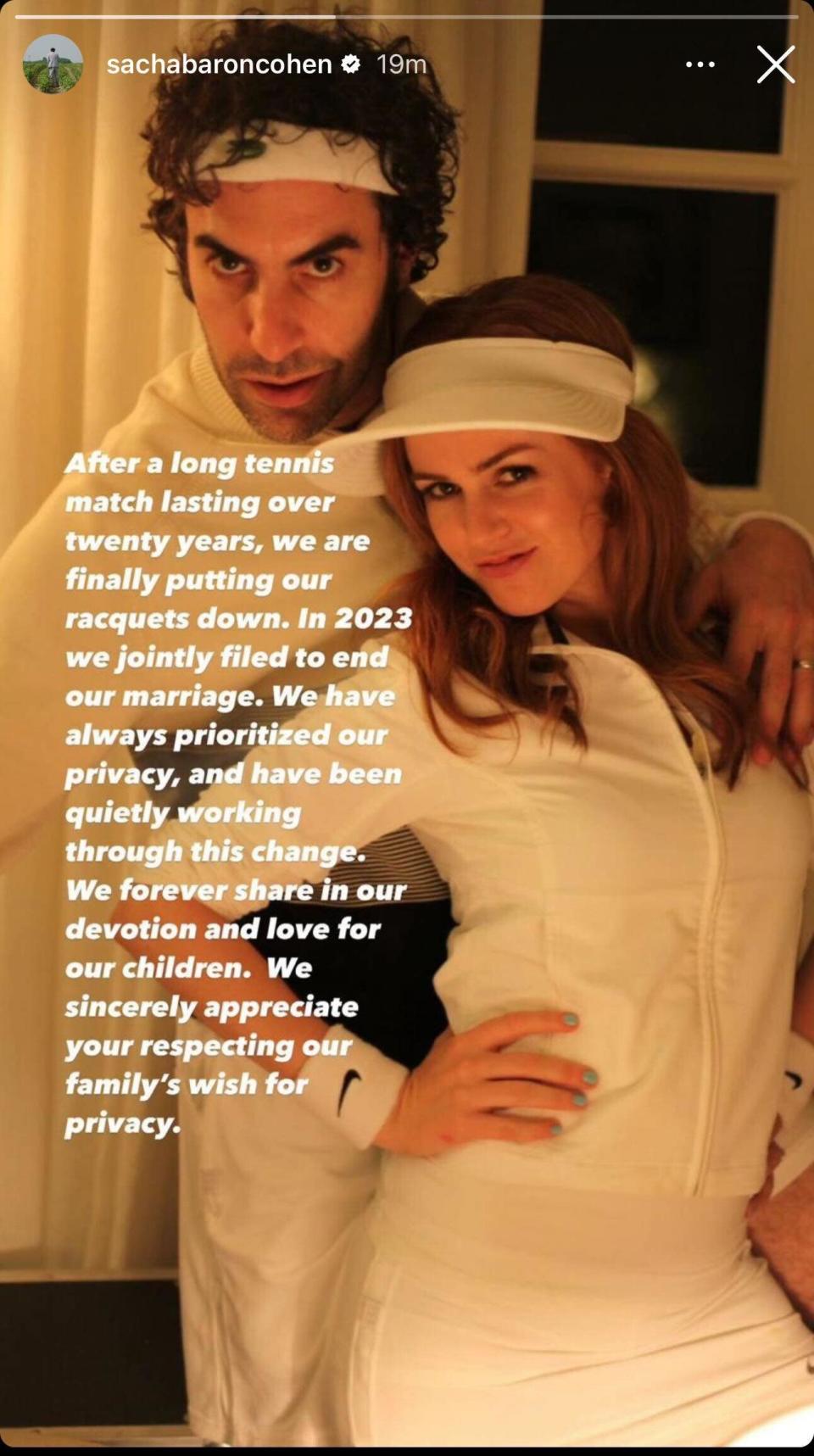 Sacha Baron Cohen Instagram story post announcing split from wife Isla Fisher