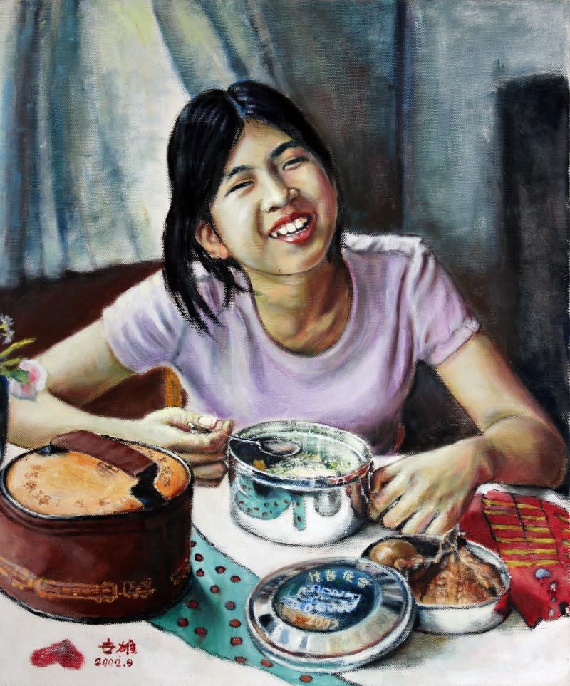 20220727-台鐵鐵路風光繪師陳世雄在畫作中，畫出吃便當女孩幸福的模樣。（陳世雄提供）