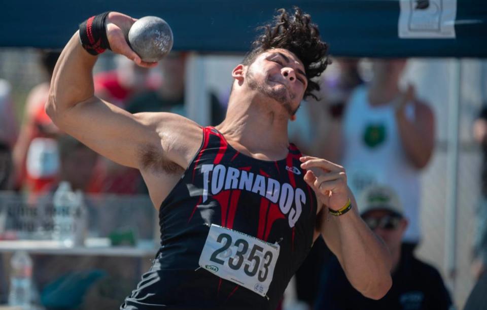 Yelm’s Brayden Platt throws for a state title in the 3A body shot put during the final day of the WIAA state track and field championships at Mount Tahoma High School in Tacoma, Washington, on Friday, May 26, 2023.