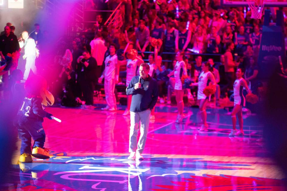 Kansas basketball coach Bill Self walks on to the court during Late Night in the Phog inside Allen Fieldhouse on Oct. 18, 2024.