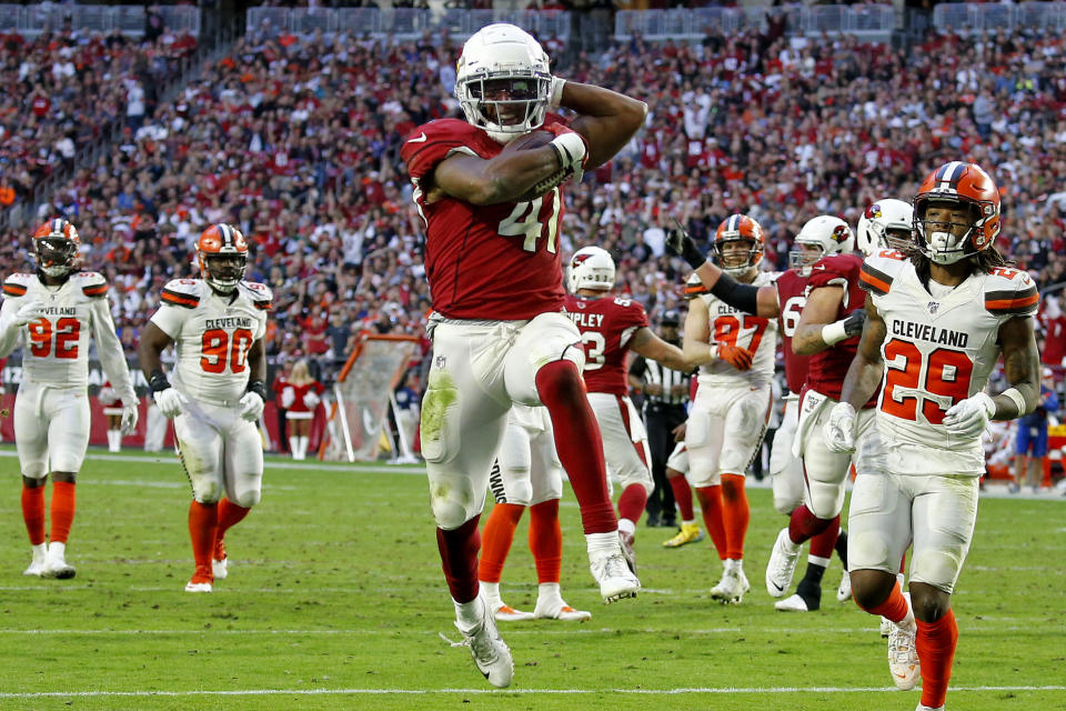 Arizona Cardinals running back Kenyan Drake (41) runs for his fourth touchdown of the game during the second half of an NFL football game against the Cleveland Browns, Sunday, Dec. 15, 2019, in Glendale, Ariz. (AP Photo/Ross D. Franklin)