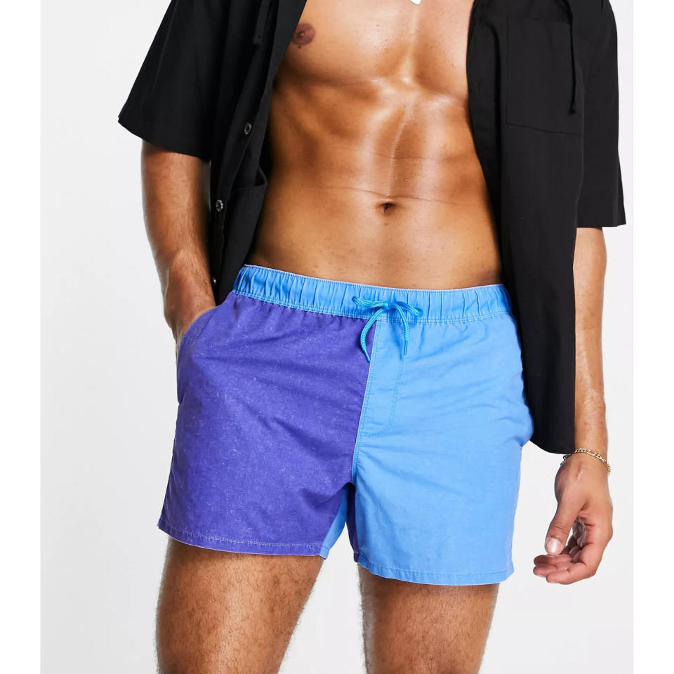 ASOS DESIGN Swim Shorts in Blue Color Block Acid Wash