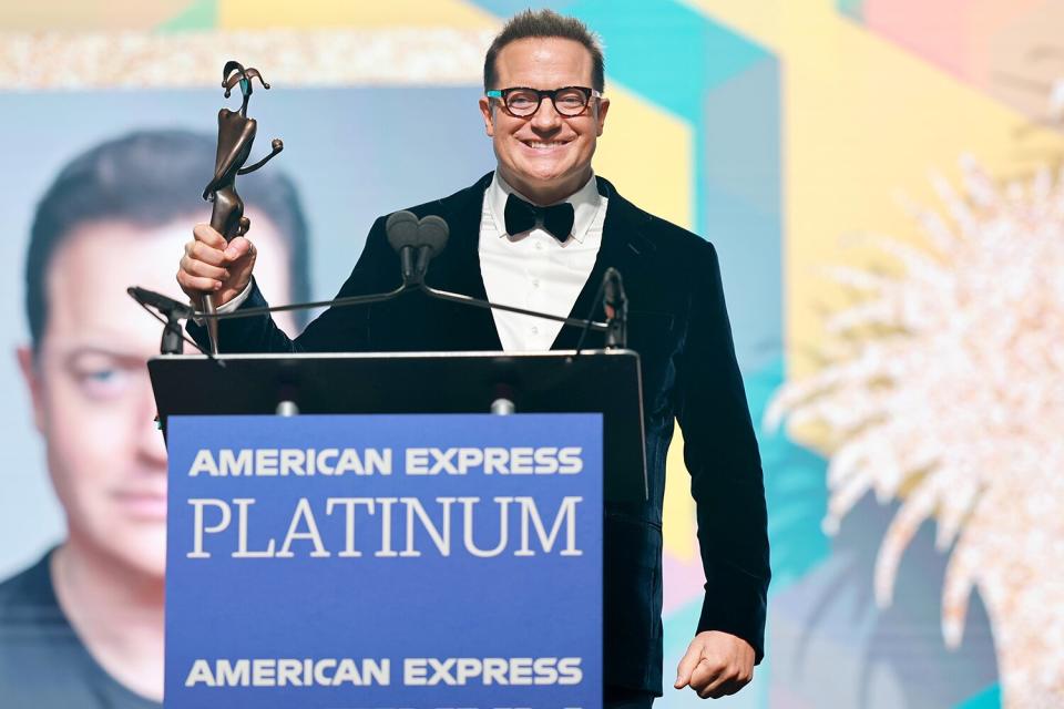 Brendan Fraser accepts the Spotlight Award onstage during the 34th Annual Palm Springs International Film Awards