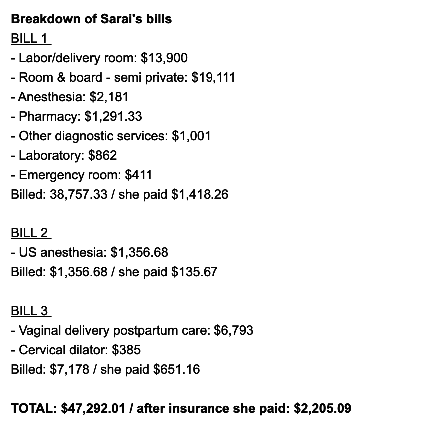 A breakdown of Sarai's hospital bills for labor & delivery