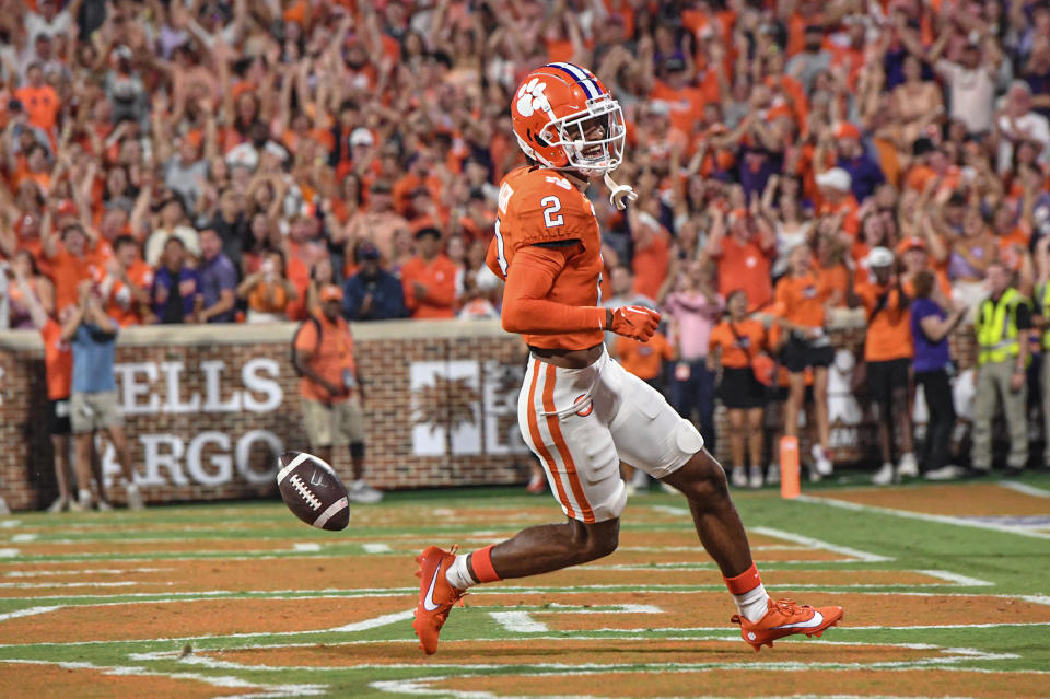 Sep 16, 2023; Clemson, South Carolina; Clemson cornerback Nate Wiggins (2) returns an interception for a touchdown during the first quarter against Florida Atlantic at Memorial Stadium. Mandatory Credit: Ken Ruinard-USA TODAY NETWORK