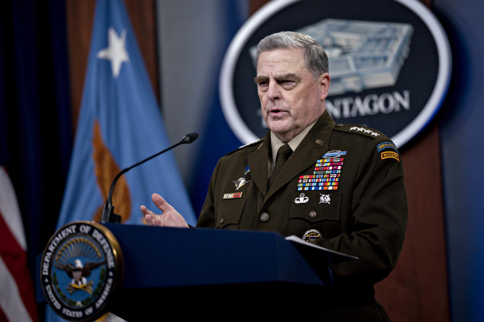 Mark Milley, chairman of the joint chiefs of staff, speaks during a news conference at the Pentagon in Arlington, Virginia, U.S., on Wednesday, Sept. 1, 2021. President Biden yesterday declared an end to two decades of U.S. military operations in Afghanistan, offering an impassioned defense of his withdrawal and rejecting criticism that it was mishandled. Photographer: Andrew Harrer/Bloomberg via Getty Images / Credit: Bloomberg