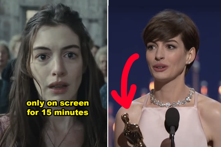 Split image: Left, character Anne Hathaway as Fantine; Right, Anne Hathaway holding an Oscar, wearing a pink dress with a necklace