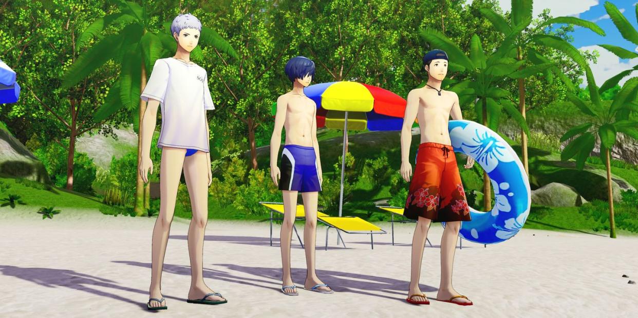 persona 3 reload, junpei, akihiko and the protagonist at the beach