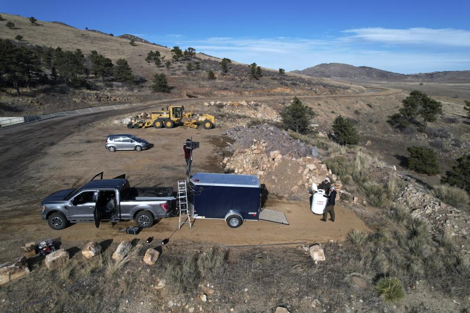 Cloud seeding equipment is installed on Saturday, Dec. 3, 2022, in Lyons, Colo. Snow is at the heart of the Cammans family business, Utah-based North American Weather Consultants, which holds cloud seeding contracts throughout the Rocky Mountain region. (AP Photo/Brittany Peterson)