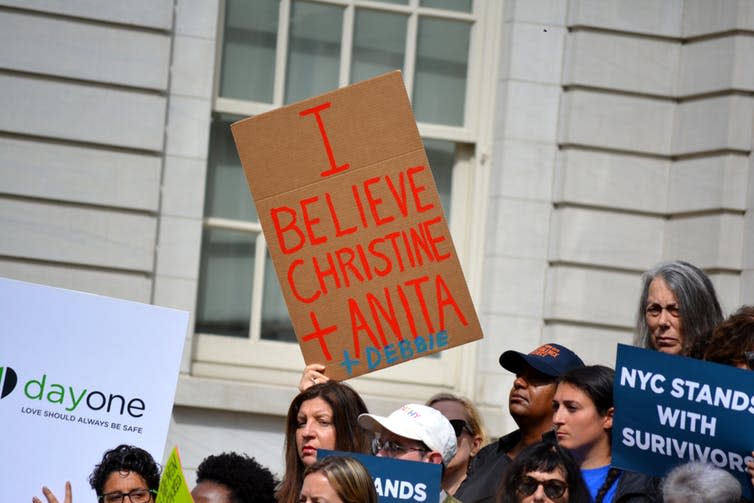 <span class="caption">Protesters at a September 2018 rally supporting Blasey Ford and victims of sexual assault at City Hall, New York City.</span> <span class="attribution"><a class="link " href="https://www.shutterstock.com/image-photo/new-york-city-september-24-2018-1187984185?src=0nuhJN4Srx9rSOxCPeSa_Q-1-50" rel="nofollow noopener" target="_blank" data-ylk="slk:Shutterstock;elm:context_link;itc:0;sec:content-canvas">Shutterstock</a></span>