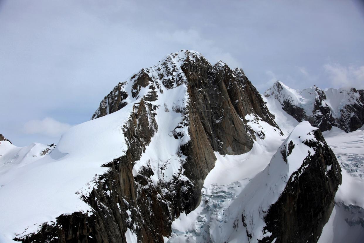 A photo provided by the National Park Service show the West Ridge climbing route of Moose's Tooth, a 10,300-foot peak in Denali National Park