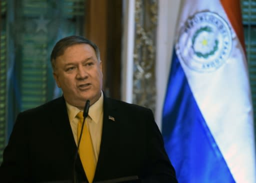 US Secretary of State Mike Pompeo speaks during a joint press conference with Paraguayan Foreign Minister Luis Castiglioni at the presidential palace in Asuncion, on April 13, 2019