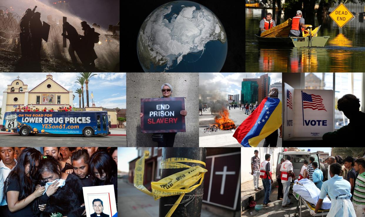 Photos: (top, L to R ) DAPL - Stephanie Keith/Reuters, Arctic ice - NASA/AP, NC flooding - Carlo Allegri/Reuters, (middle) Drug prices - Gilles Mingasson/AP, Prison protest - Alex Milan Tracy/Sipa USA, Venzuela unrest - Carlos Garcia Rawlins/Reuters, Voting - Elise Amendola/AP, (bottom) Mexico murders - Marco Ugarte/AP, Chicago shootings - Scott Olson/Getty Images, Yemen conflict - Saleh Al-ObeidiAFP/Getty Images. 