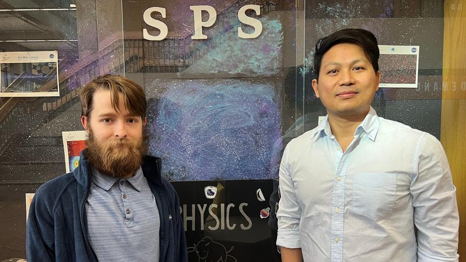 Cole Phillips, a senior physics major, and Dr. Keshav Shrestha, assistant professor of physics, collaborated with Thinh (John) Nguyen (not pictured) on newly published research into a new metal compound.