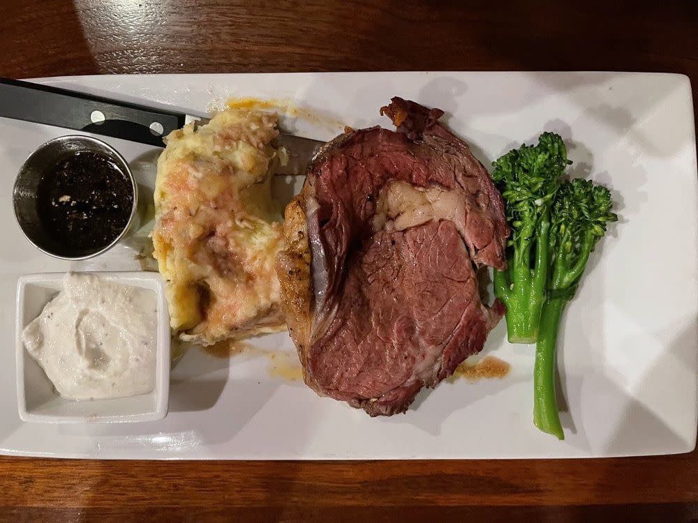 Prime Rib at Hops Downtown Grill, Kalispell, Montana, Served with Broccoli and Garlic Mashed Potatoes