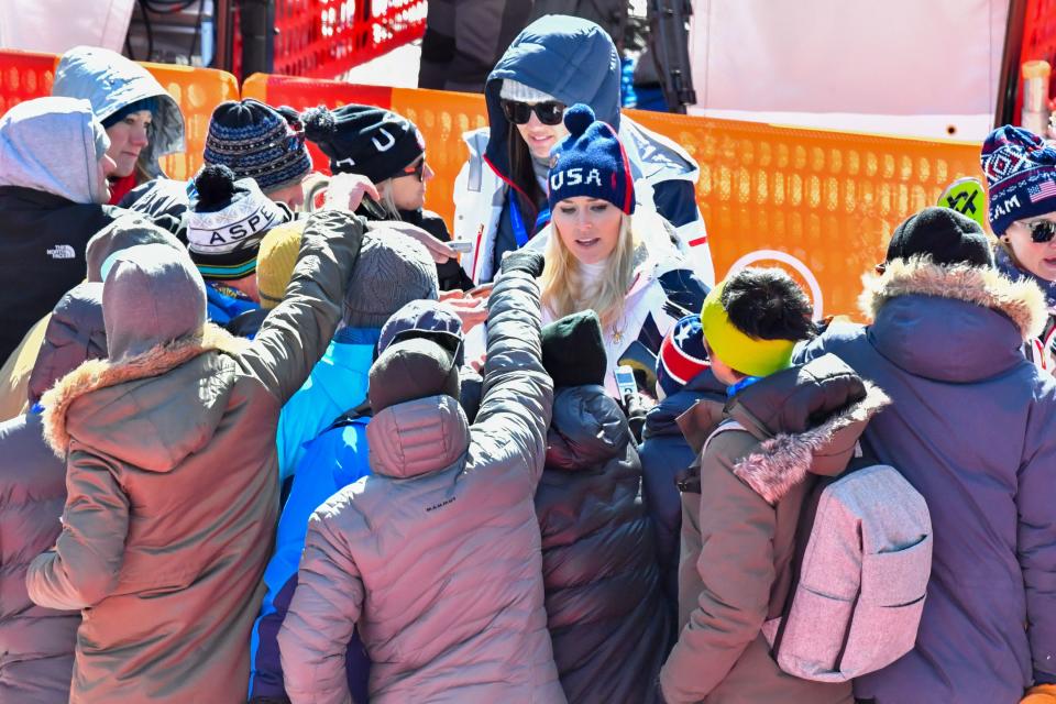<p>USA’s Lindsey Vonn speaks to the press after the Women’s Super-G at the Jeongseon Alpine Center during the Pyeongchang 2018 Winter Olympic Games in Pyeongchang on February 17, 2018. </p>
