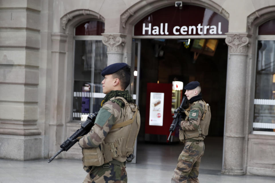 Heavily armed French soldiers patrol the area. Image: AP