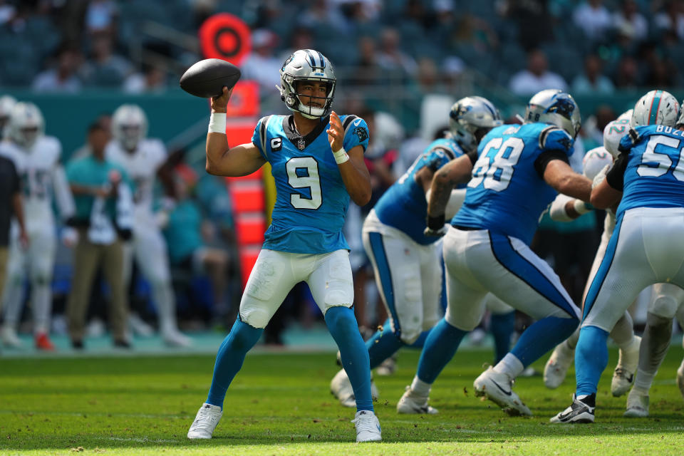 Oct 15, 2023; Miami Gardens, Florida, USA; Carolina Panthers quarterback Bryce Young (9) attempts a pass against the Miami Dophins during the first half at Hard Rock Stadium. Mandatory Credit: Jasen Vinlove-USA TODAY Sports